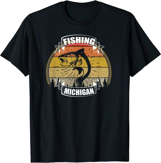 Vintage Sunset Trees Fishing Michigan T-Shirt