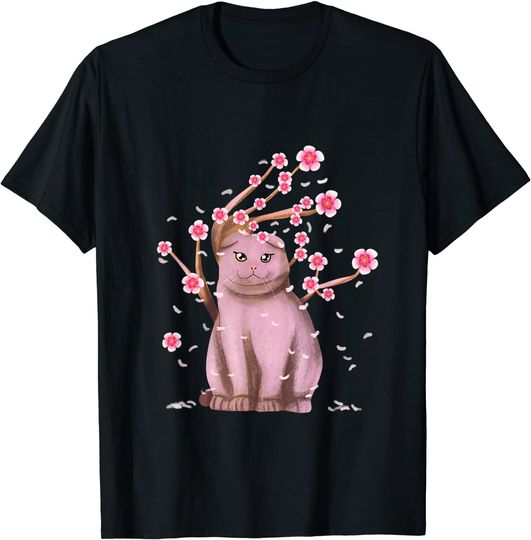 Scottish Fold Cat Japanese Cherry Blossom Flower T Shirt