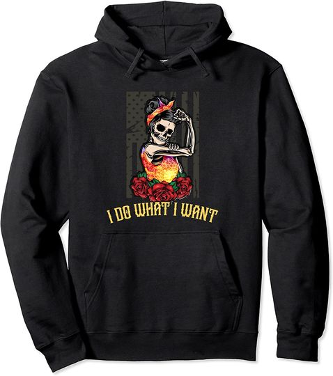 I Do What I Want Skull Lady US Flag Sunset Pullover Hoodie