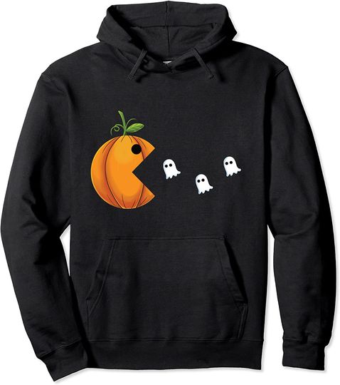 Funny Halloween Gamer Pumpkin Eating Ghost Gaming Costume Pullover Hoodie