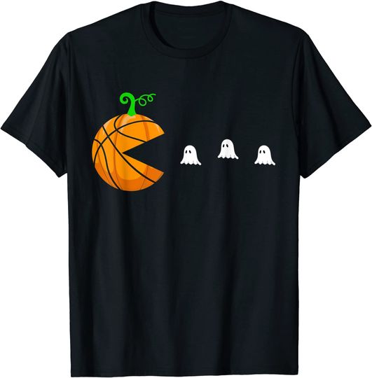 Basketball Pumpkin Eating Cute Ghosts Funny Halloween Gamer T-Shirt