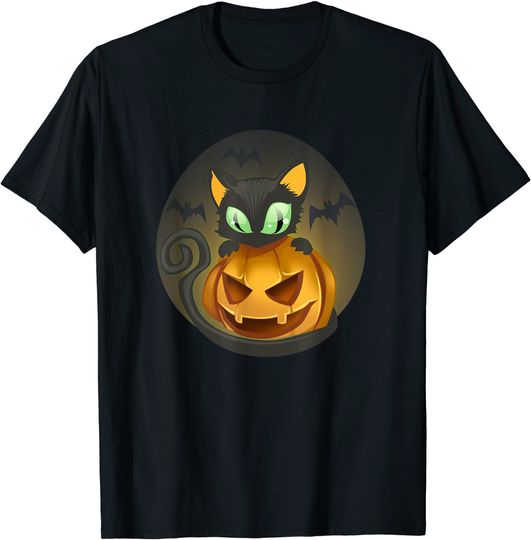 Bats Black Cat Pumpkin Jack O Lantern Halloween T-Shirt