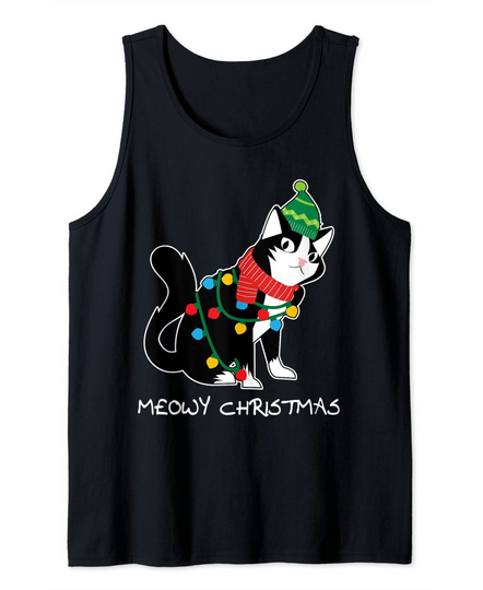 Santa Hat Cat Meowy X-Mas Light Up Funny Christmas Gift Tank Top