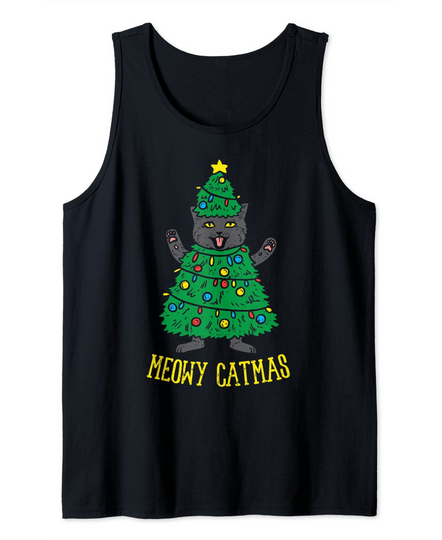 Meowy Catmas Black Cat Christmas Tree Funny Cat Owner Gift Tank Top