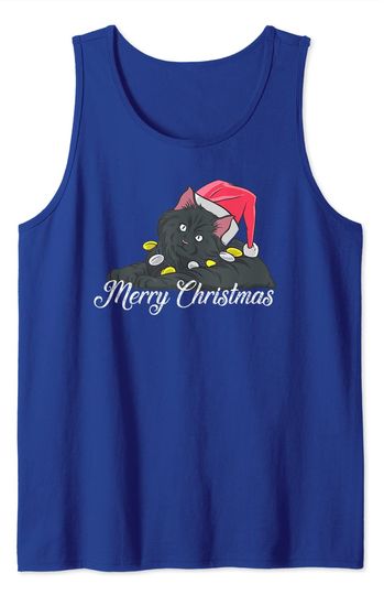 Black Cat Wearing a Santa Hat and Merry Christmas Lights Tank Top
