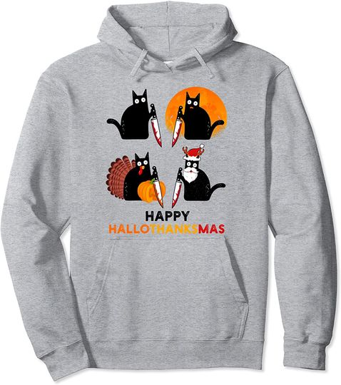 Happy Hallothanksmas Black Cat Halloween Thanksgiving Pullover Hoodie