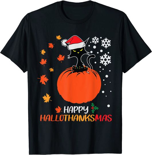 Black Cat Halloween Merry Christmas Happy Hallothanksmas T-Shirt