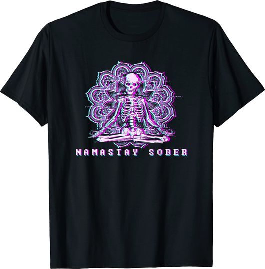 Meditating Skeleton Mandala Namastay Sober Vaporwave T-Shirt