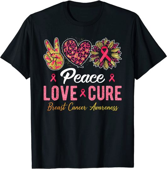 Funny Peace Love Cure Leopard Sunflower Pink Breast Cancer T-Shirt