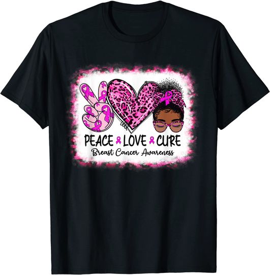 Peace Love Cure Pink Leopard Messy Bun Breast Cancer T-Shirt