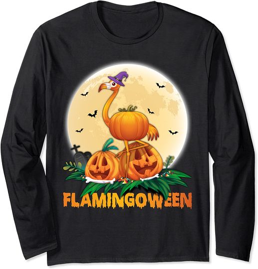 Funny Pumpkin Flamingo Halloween Flamingoween Long Sleeve T-Shirt