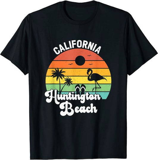 Huntington Beach California Retro Sunset Flamingo Vintage T-Shirt