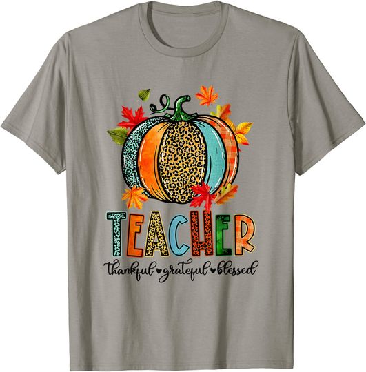 Pumpkin Leopard Teacher Thankful Grateful Blessed Gift T-Shirt