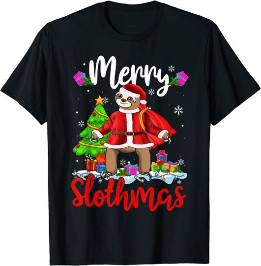 Merry Slothmas Funny Tree Santa Sloth Animal Lover Christmas T-Shirt
