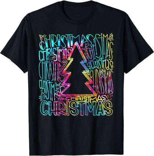 Tie Dye Christmas Typography Believe In Santa Christmas Tree T-Shirt