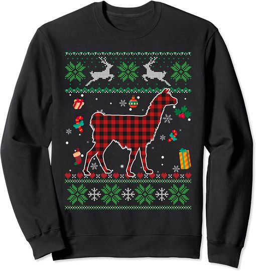 Red Plaid Ugly Christmas Pajama Sweater Llama Animals Sweatshirt