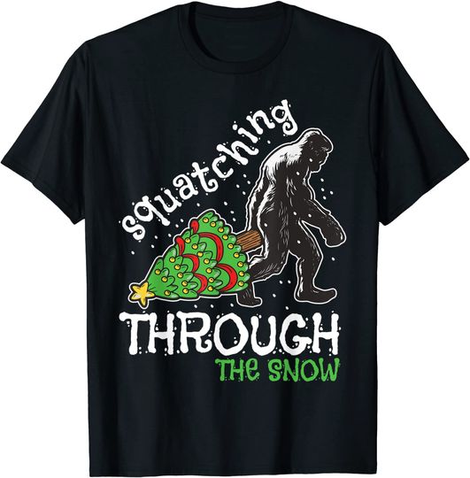 Bigfoot Christmas Tree Squatching Through The Snow Funny T-Shirt