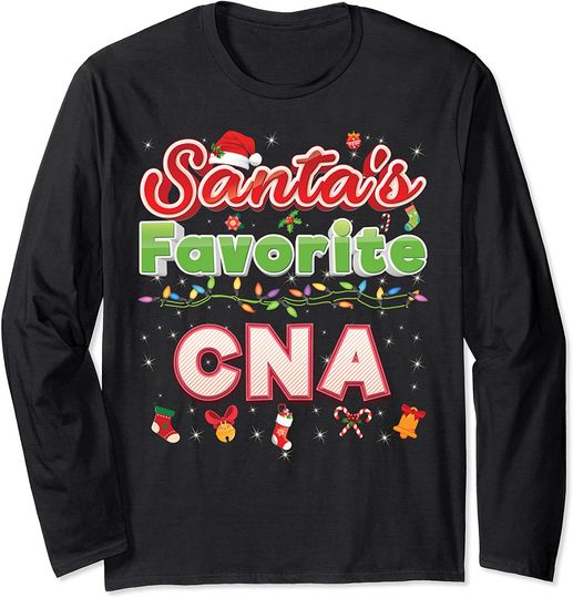 Santa's Favorite CNA Nurse Christmas Santa Hat Light Sweater Long Sleeve