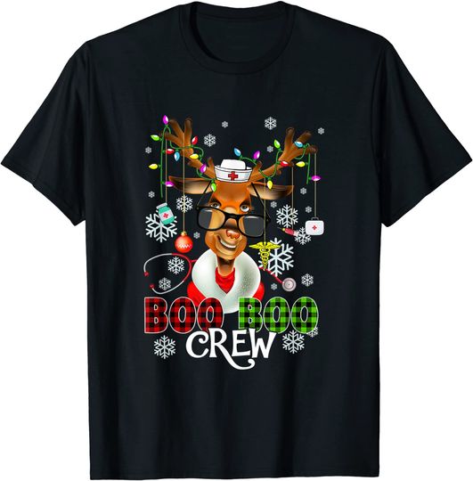 Boo Boo Crew Christmas Reindeer Nurse Buffalo Plaid T-Shirt