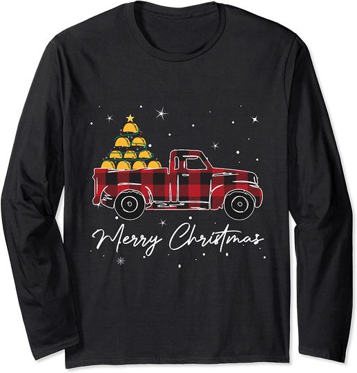 Merry Christmas Buffalo Plaid Red Truck Tacos Long Sleeve T-Shirt