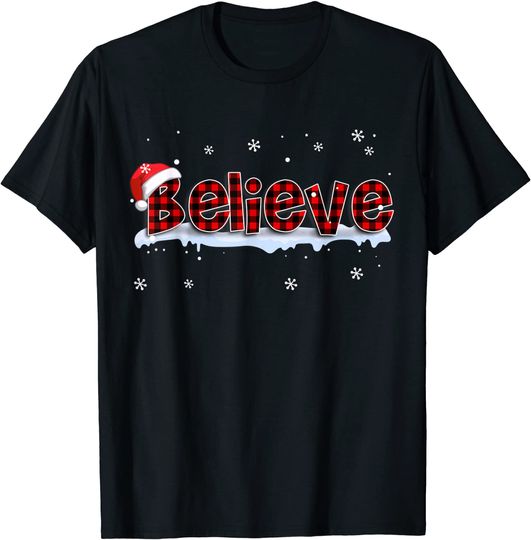Believe Buffalo Plaid Santa Snowflake Christmas T-Shirt