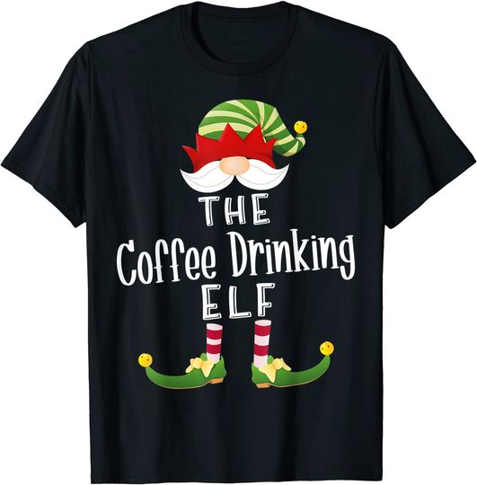 Coffee Drinking Elf Group Christmas Funny Pajama Party T-Shirt