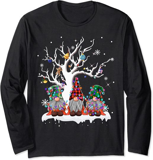 Cute Gnome Buffalo Plaid Christmas Tree Light Ugly Santa Hat Long Sleeve T-Shirt