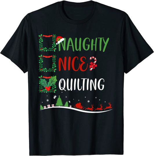 Nice Naughty Quilting Christmas Matching Santa Hat T-Shirt