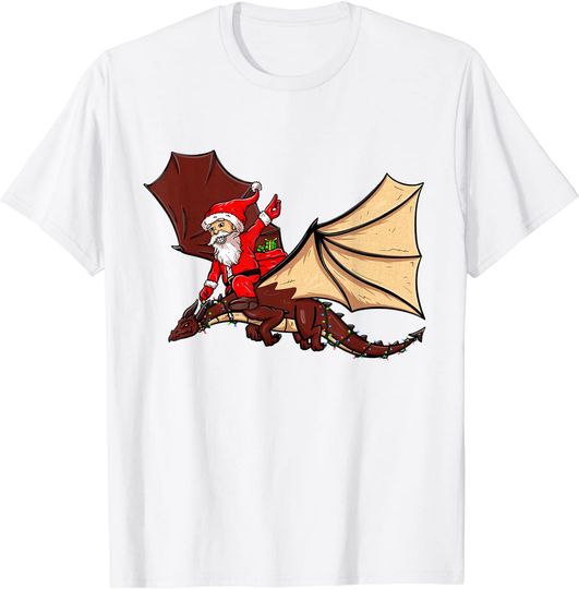 Santa Claus Riding A Dragon with Christmas Lights & Presents T-Shirt