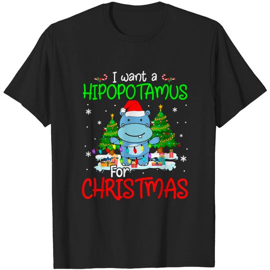 I Want A Hippopotamus Cute Christmas Light Santa Hippo Lover T-Shirt