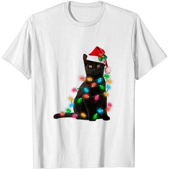 Black Cat christmas light T-shirt