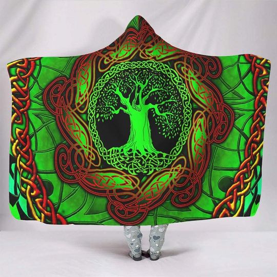 Green Tree of Life Knot Tattoo Norse Viking Yggdrasil Mythology Print Hooded Blankets Colorful Soft Hoodie Cape