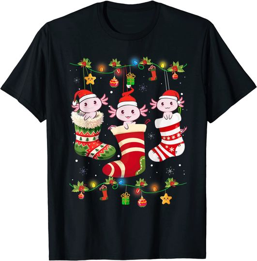 Axolotl Socks Christmas Light Funny Family Pajamas Xmas T-Shirt