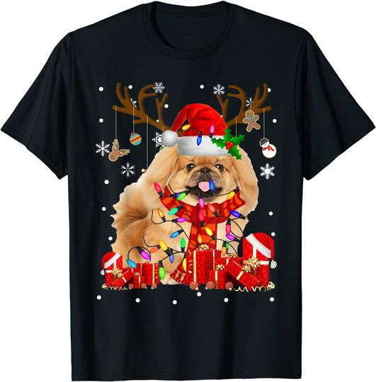 Funny Pekingese Dog Reindeer Christmas Light Dog Lover Gift T-Shirt