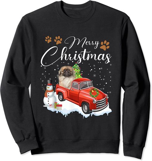Funny Pekingese Dog Snow Red Truck Christmas Xmas Tree Sweatshirt