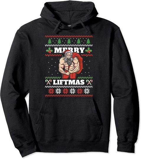 Merry Liftmas Muscular Santa Claus Gym Ugly Christmas Pullover Hoodie