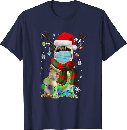 Pug Dog Reindeer With Face Mask Christmas Lights Pajama T-Shirt