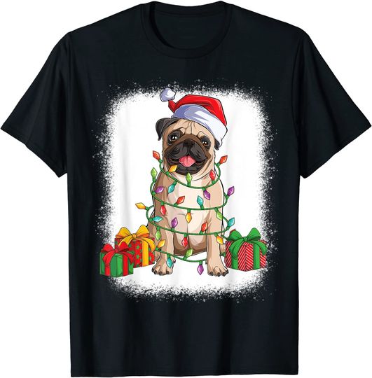 Xmas Kids Boys Pugmas Christmas Light Santa Pug Bleached T-Shirt