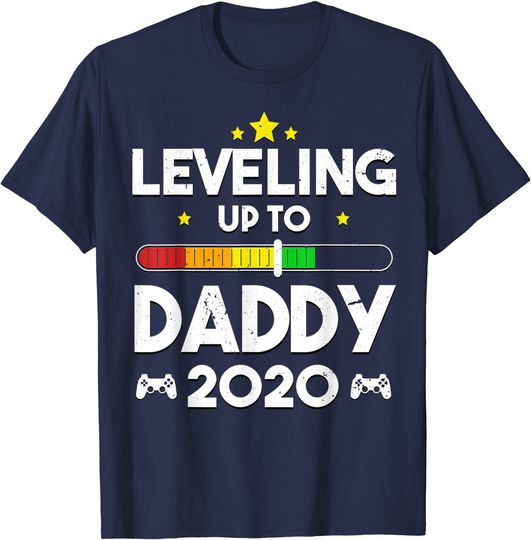 Mens New Dad Shirt Leveling Up to Daddy Est 2020 Video Games Gift