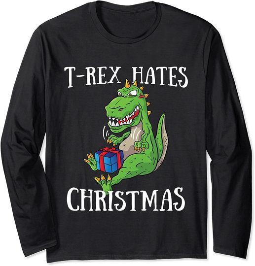 T-Rex Hates Christmas Box Wrapping Dino Meme X-Mas Dinosaur Long Sleeve