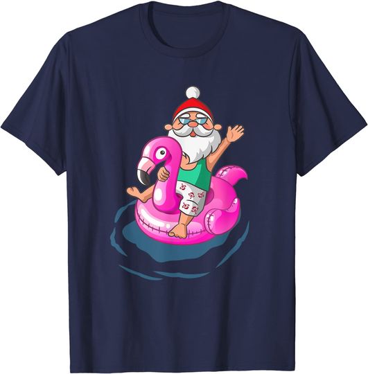 Christmas in July Santa Hawaiian flamingo Summer Surf T-Shirt