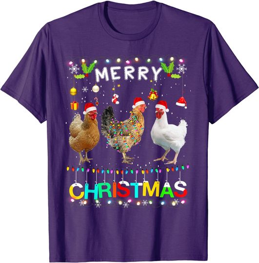 Merry Christmas Chicken Santa Hat Lights Xmas T-Shirt