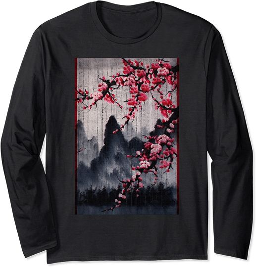 Vintage Cherry Blossom Woodblock Tee Japanese Graphical Art Long Sleeve