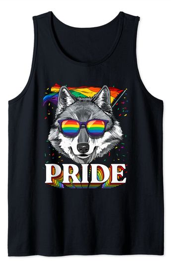 Rainbow Wolf Tank Top LGBT Wolf Gay Pride LGBTQ Rainbow Flag Sunglasses