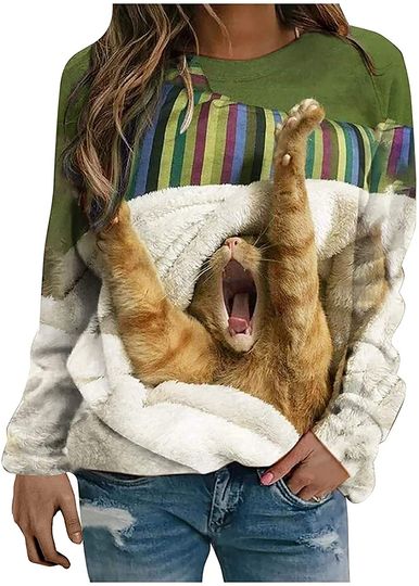 3D Cartoon Sweatshirt Cat Print Long Sleeve Round Neck