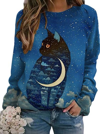 Women's Cute Cat Print Sweatshirt Casual Loose Long Sleeve