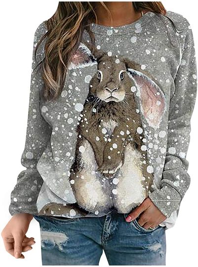 Cute Rabbit Print Shirt Long Raglan Sleeves Tops Casual Loose Lightweight Bunny Graphic Easter Sweatshirt