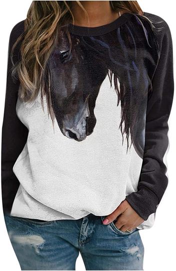 Animal Grahic Horse Print Sweatshirts Loose Crewneck Long Sleeve