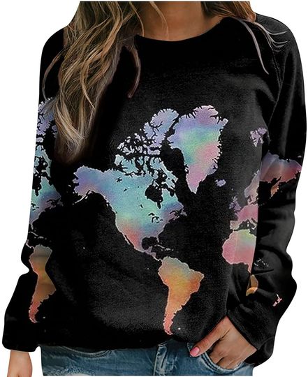 Sweatshirt World Map 3D Graphic Pullover Round Neck Long Sleeve