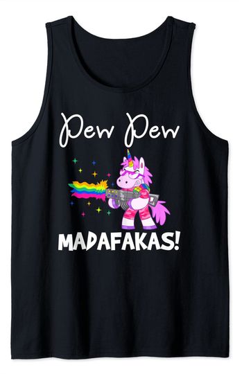 PEW Madafakas Funny fantasy Unicorn With Rainbow Gun White Tank Top